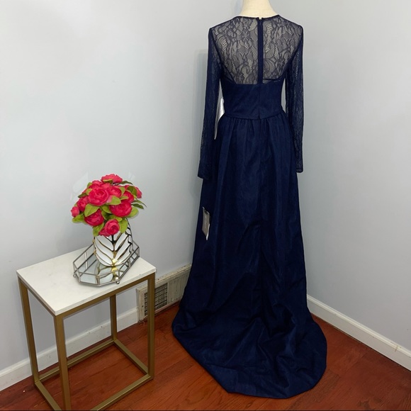 # Mac Duggal Long Sleeve Lace Column Gown With Overskirt - Picture 11 of 16